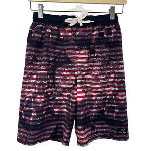 Big Chill Boys Swim Trunks Shark Print Red Blue Mesh Lined Size 10 12 Beach